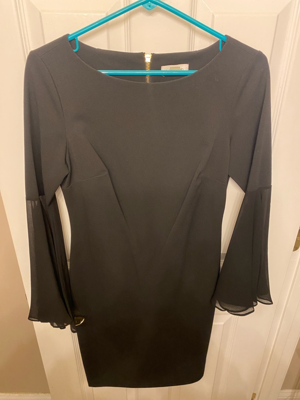 Calvin Klein Black Midi Dress with Sheer Bell Sleeves